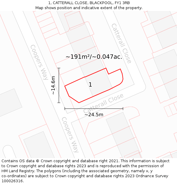 1, CATTERALL CLOSE, BLACKPOOL, FY1 3RB: Plot and title map