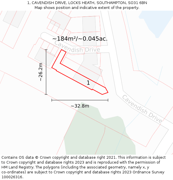 1, CAVENDISH DRIVE, LOCKS HEATH, SOUTHAMPTON, SO31 6BN: Plot and title map