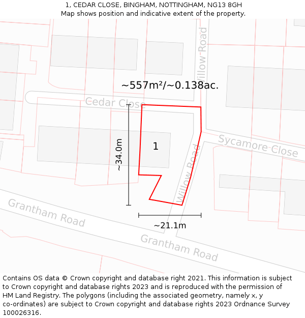 1, CEDAR CLOSE, BINGHAM, NOTTINGHAM, NG13 8GH: Plot and title map