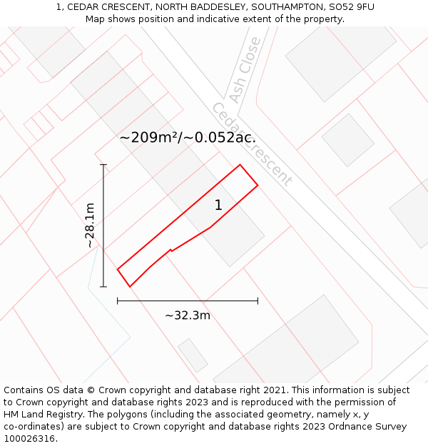 1, CEDAR CRESCENT, NORTH BADDESLEY, SOUTHAMPTON, SO52 9FU: Plot and title map