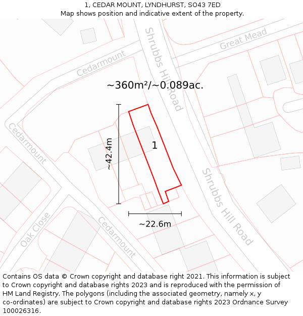 1, CEDAR MOUNT, LYNDHURST, SO43 7ED: Plot and title map