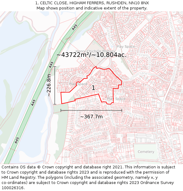 1, CELTIC CLOSE, HIGHAM FERRERS, RUSHDEN, NN10 8NX: Plot and title map