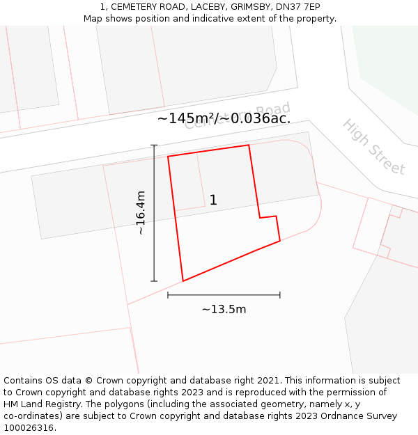 1, CEMETERY ROAD, LACEBY, GRIMSBY, DN37 7EP: Plot and title map
