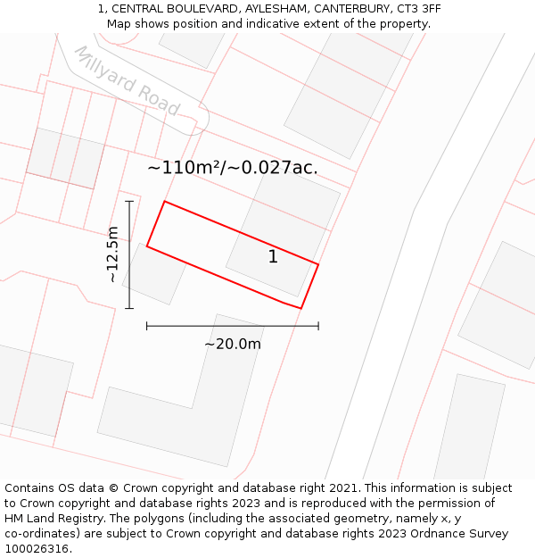 1, CENTRAL BOULEVARD, AYLESHAM, CANTERBURY, CT3 3FF: Plot and title map