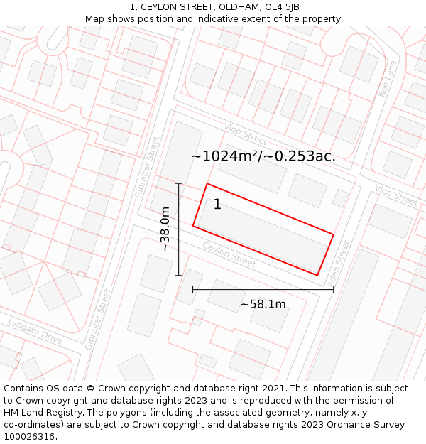 1, CEYLON STREET, OLDHAM, OL4 5JB: Plot and title map