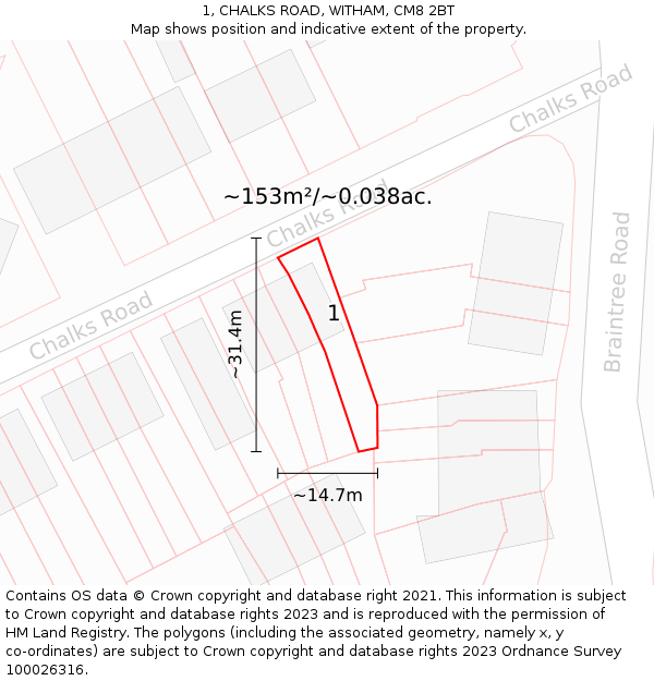 1, CHALKS ROAD, WITHAM, CM8 2BT: Plot and title map