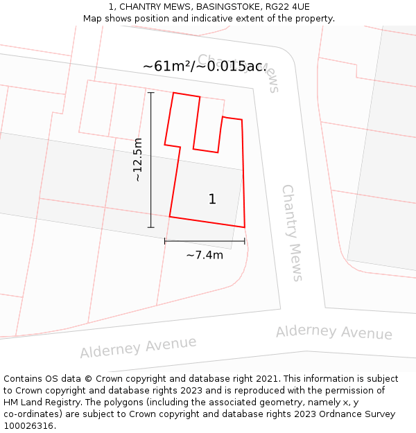 1, CHANTRY MEWS, BASINGSTOKE, RG22 4UE: Plot and title map