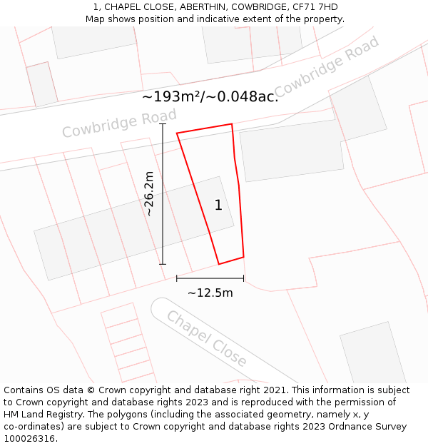 1, CHAPEL CLOSE, ABERTHIN, COWBRIDGE, CF71 7HD: Plot and title map