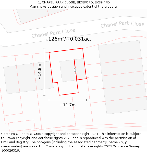 1, CHAPEL PARK CLOSE, BIDEFORD, EX39 4FD: Plot and title map