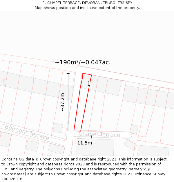 1, CHAPEL TERRACE, DEVORAN, TRURO, TR3 6PY: Plot and title map