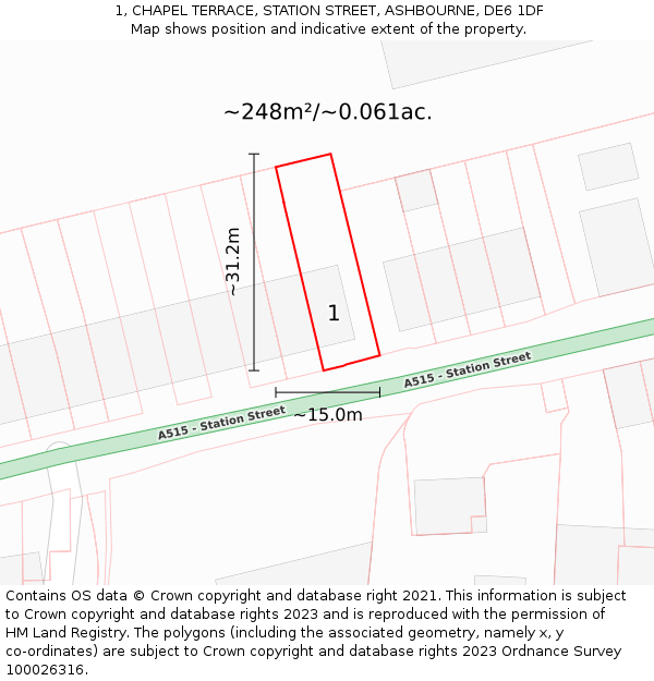 1, CHAPEL TERRACE, STATION STREET, ASHBOURNE, DE6 1DF: Plot and title map