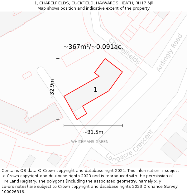 1, CHAPELFIELDS, CUCKFIELD, HAYWARDS HEATH, RH17 5JR: Plot and title map
