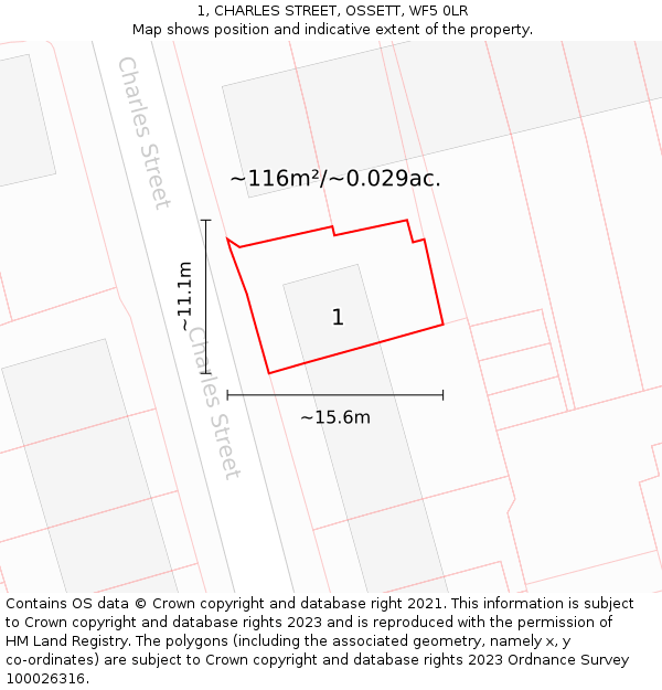 1, CHARLES STREET, OSSETT, WF5 0LR: Plot and title map