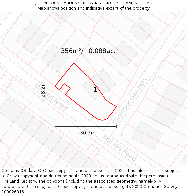 1, CHARLOCK GARDENS, BINGHAM, NOTTINGHAM, NG13 8UH: Plot and title map