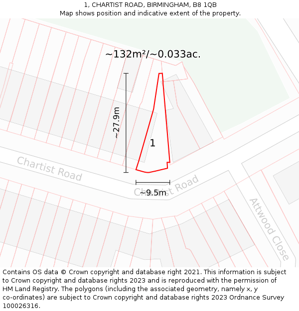 1, CHARTIST ROAD, BIRMINGHAM, B8 1QB: Plot and title map