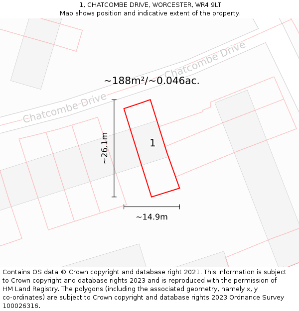 1, CHATCOMBE DRIVE, WORCESTER, WR4 9LT: Plot and title map