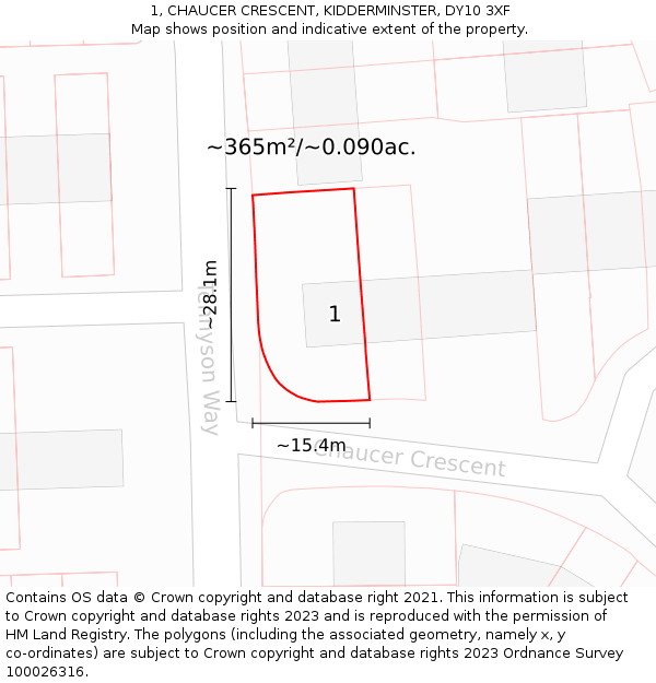 1, CHAUCER CRESCENT, KIDDERMINSTER, DY10 3XF: Plot and title map