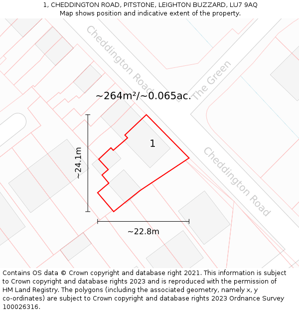 1, CHEDDINGTON ROAD, PITSTONE, LEIGHTON BUZZARD, LU7 9AQ: Plot and title map