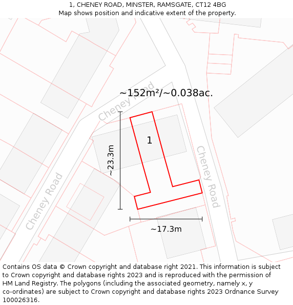 1, CHENEY ROAD, MINSTER, RAMSGATE, CT12 4BG: Plot and title map