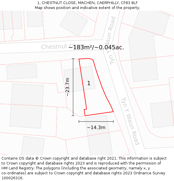 1, CHESTNUT CLOSE, MACHEN, CAERPHILLY, CF83 8LF: Plot and title map
