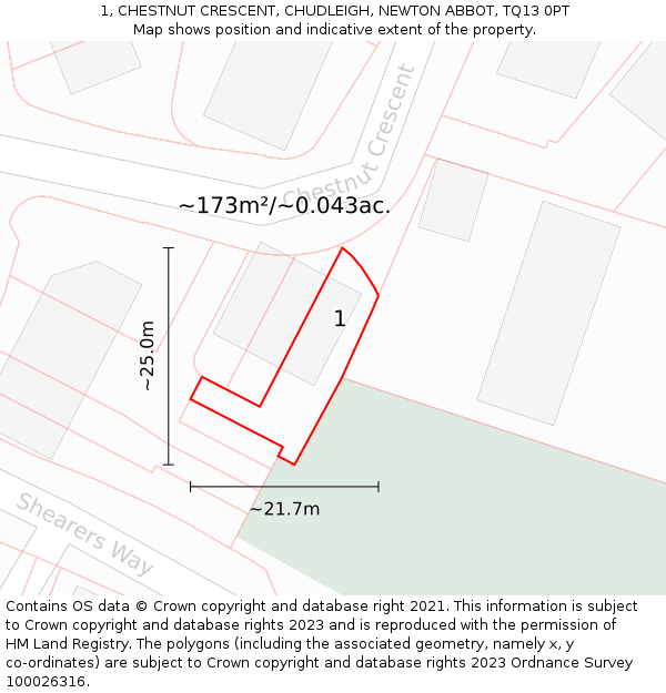1, CHESTNUT CRESCENT, CHUDLEIGH, NEWTON ABBOT, TQ13 0PT: Plot and title map