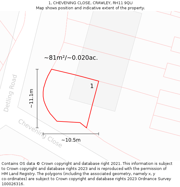 1, CHEVENING CLOSE, CRAWLEY, RH11 9QU: Plot and title map