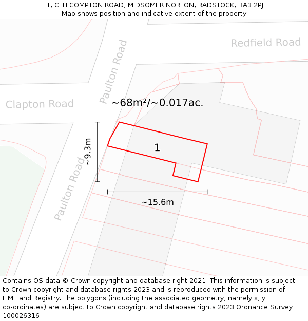 1, CHILCOMPTON ROAD, MIDSOMER NORTON, RADSTOCK, BA3 2PJ: Plot and title map