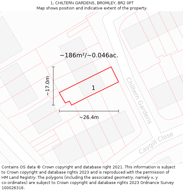 1, CHILTERN GARDENS, BROMLEY, BR2 0PT: Plot and title map