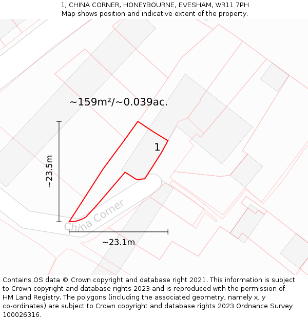 1, CHINA CORNER, HONEYBOURNE, EVESHAM, WR11 7PH: Plot and title map