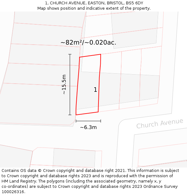1, CHURCH AVENUE, EASTON, BRISTOL, BS5 6DY: Plot and title map
