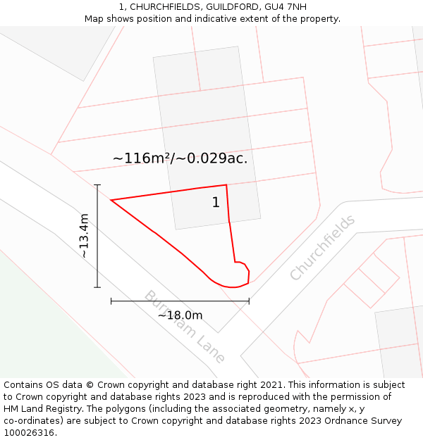 1, CHURCHFIELDS, GUILDFORD, GU4 7NH: Plot and title map