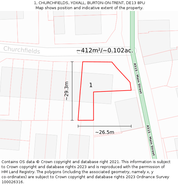 1, CHURCHFIELDS, YOXALL, BURTON-ON-TRENT, DE13 8PU: Plot and title map