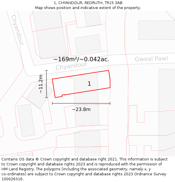 1, CHYANDOUR, REDRUTH, TR15 3AB: Plot and title map