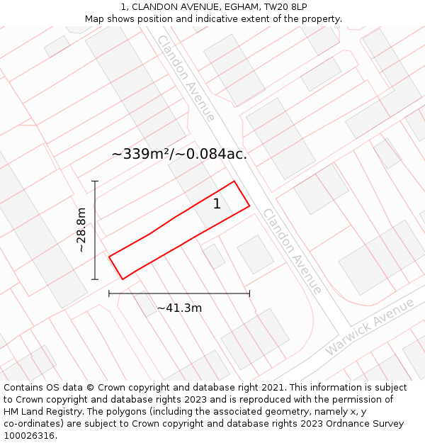1, CLANDON AVENUE, EGHAM, TW20 8LP: Plot and title map
