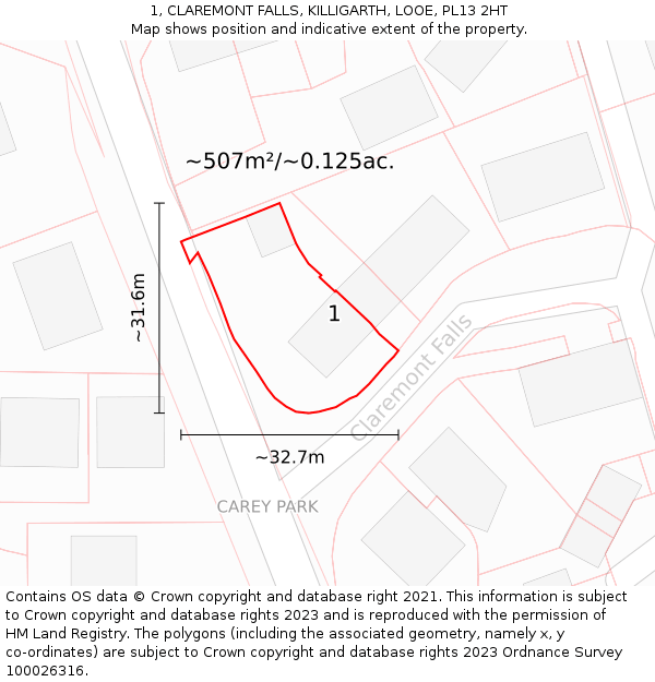 1, CLAREMONT FALLS, KILLIGARTH, LOOE, PL13 2HT: Plot and title map