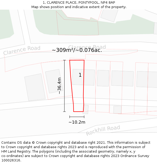 1, CLARENCE PLACE, PONTYPOOL, NP4 8AP: Plot and title map