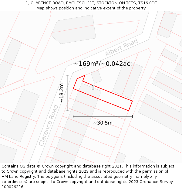 1, CLARENCE ROAD, EAGLESCLIFFE, STOCKTON-ON-TEES, TS16 0DE: Plot and title map