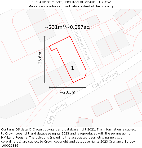 1, CLARIDGE CLOSE, LEIGHTON BUZZARD, LU7 4TW: Plot and title map