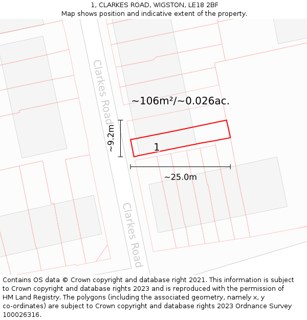 1, CLARKES ROAD, WIGSTON, LE18 2BF: Plot and title map