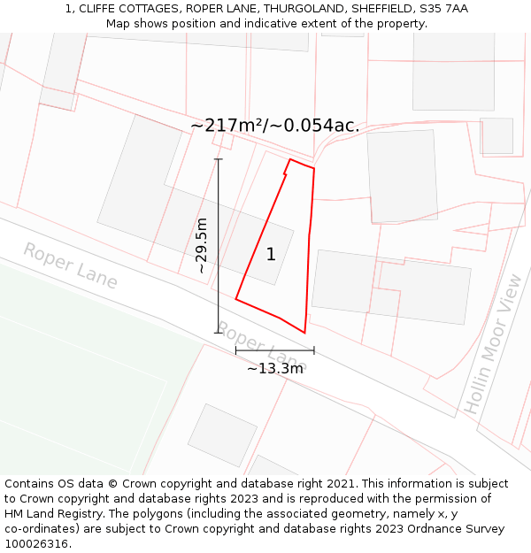 1, CLIFFE COTTAGES, ROPER LANE, THURGOLAND, SHEFFIELD, S35 7AA: Plot and title map