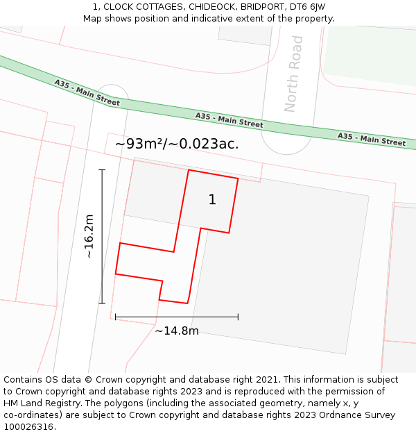 1, CLOCK COTTAGES, CHIDEOCK, BRIDPORT, DT6 6JW: Plot and title map