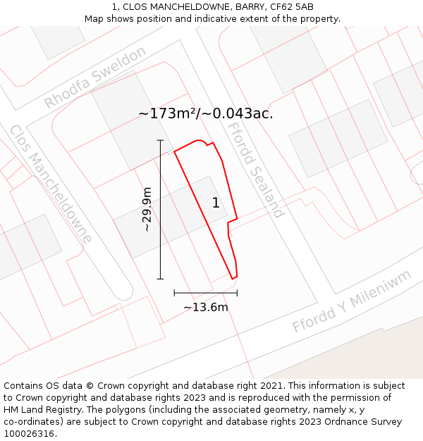 1, CLOS MANCHELDOWNE, BARRY, CF62 5AB: Plot and title map