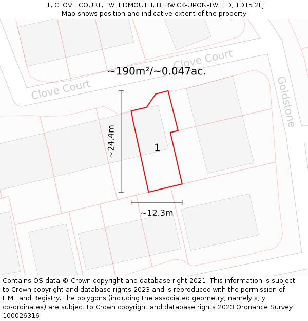 1, CLOVE COURT, TWEEDMOUTH, BERWICK-UPON-TWEED, TD15 2FJ: Plot and title map