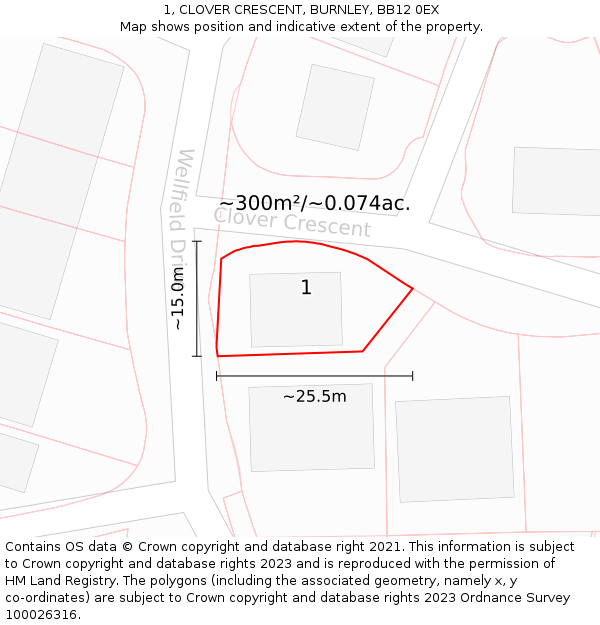 1, CLOVER CRESCENT, BURNLEY, BB12 0EX: Plot and title map