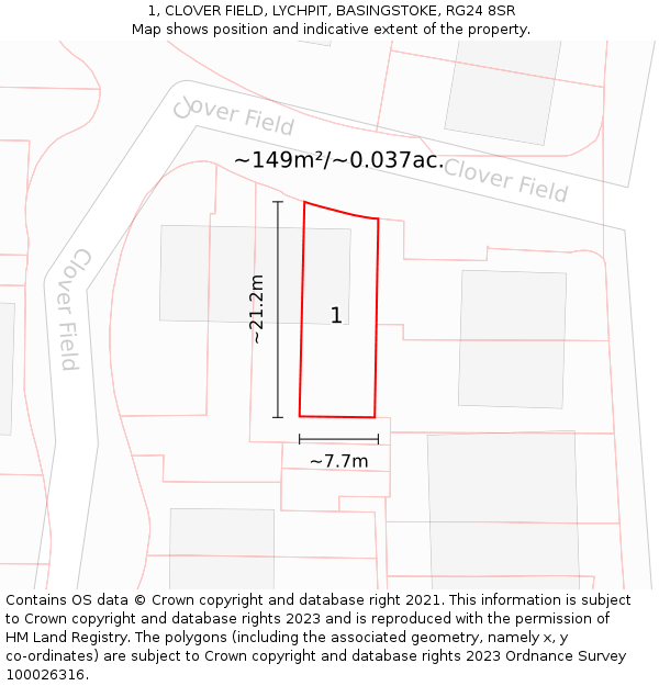 1, CLOVER FIELD, LYCHPIT, BASINGSTOKE, RG24 8SR: Plot and title map
