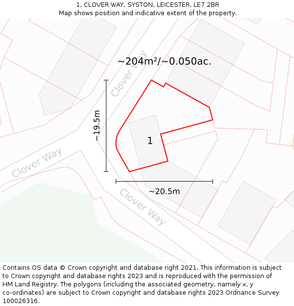 1, CLOVER WAY, SYSTON, LEICESTER, LE7 2BR: Plot and title map