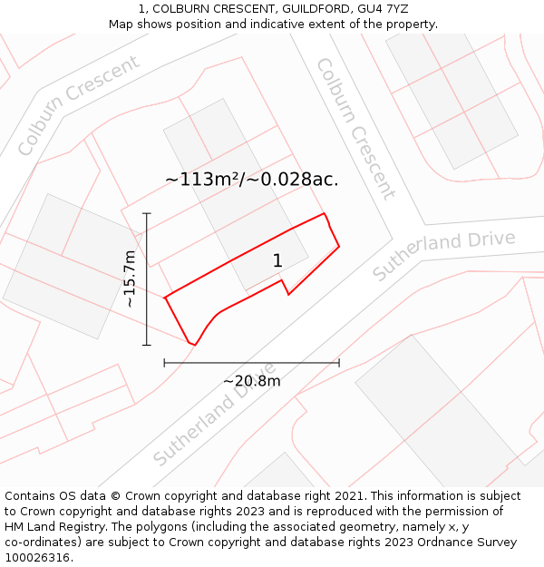 1, COLBURN CRESCENT, GUILDFORD, GU4 7YZ: Plot and title map