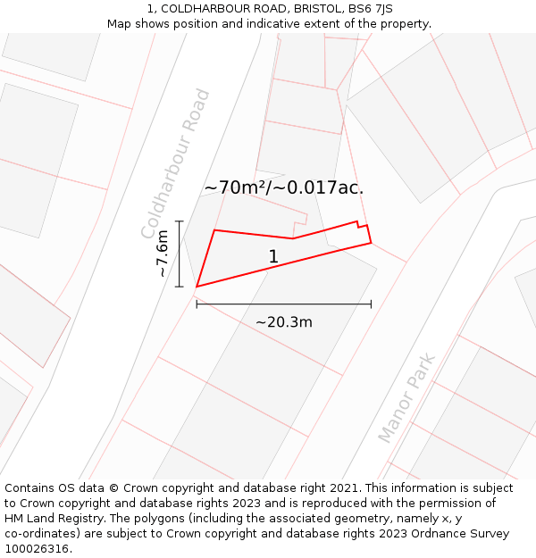 1, COLDHARBOUR ROAD, BRISTOL, BS6 7JS: Plot and title map