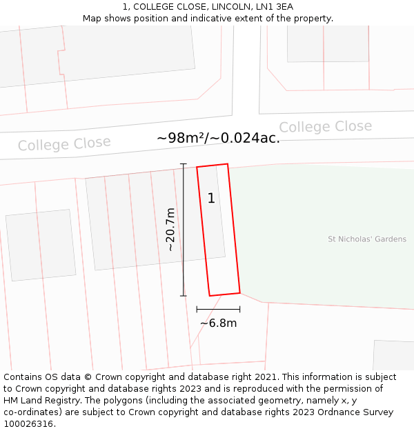 1, COLLEGE CLOSE, LINCOLN, LN1 3EA: Plot and title map