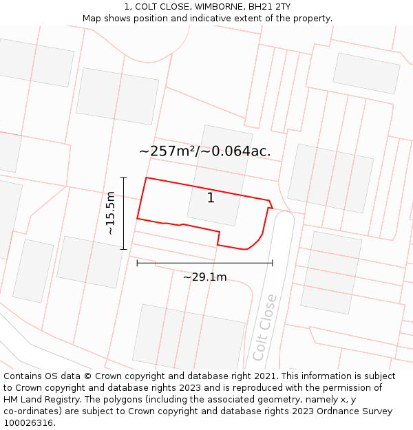 1, COLT CLOSE, WIMBORNE, BH21 2TY: Plot and title map